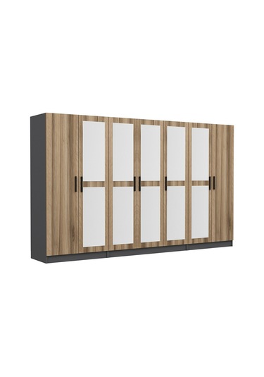 Minar Kale 7 Kapaklı 5 Aynalı 2 Çekmeceli Dolap Antrasit Dore 190cm Çok Renkli