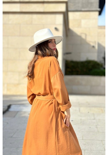 Kadın Taba Çift Cepli Uzun Kimono & Bol Paça Pantolon - Salaş Alt & Üst Takım Taba