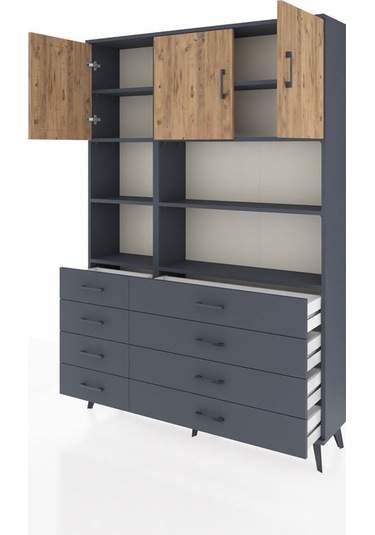 Arges Dolap 8 Raflı 8 Çekmeceli 3 Kapaklı 132x30x195 Antrasit-çam/antrasit Atlas Çam/antrasıt