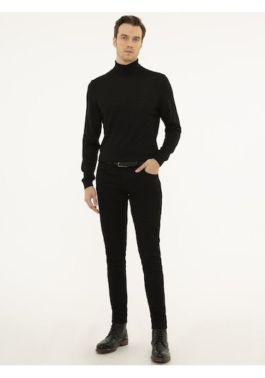 Cacharel Siyah Slim Fit Balıkçı Yaka Basic Triko Kazak