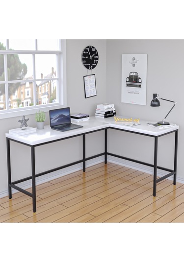 L Şekilli Ceviz Masa, Çalışma Masası Oyun Masası Beyaz