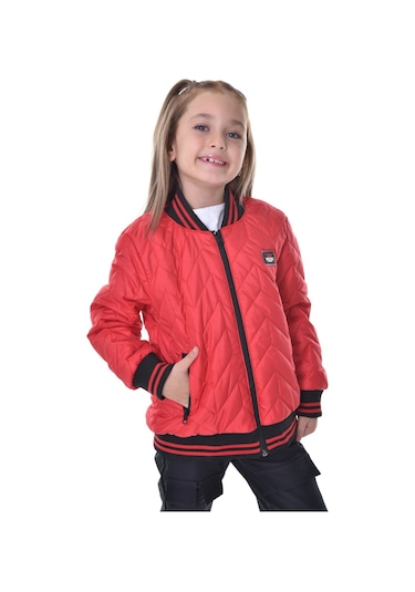 Kız Çocuk Kırmızı Kolej Yaka İçi Astarlı Su Ve Rüzgar Geçirmez Fermuarlı Cep Mont Ceket Kırmızı
