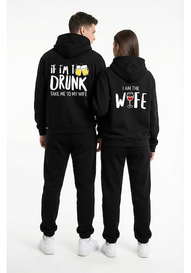 Nevermind Unisex Siyah Mizahi Yazı Baskılı Sevgili Kombini Oversize Hoodie Seti Siyah