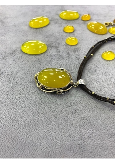 Sarı Akik Taşlı Gümüş Kolye 925 Ayar 512654324