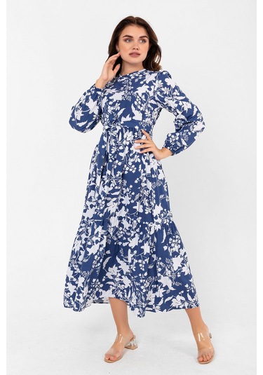 Yaprak Desenli Renkli Pamuklu Yazlık Baharlık Kuşaklı Elbise 2101 Lacivert