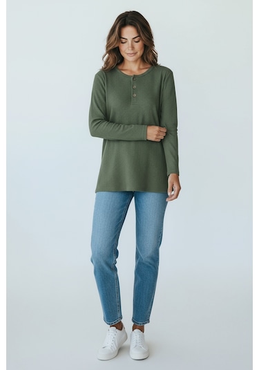 Kadın Yaka Düme Detaylı Mevsimlik Bluz Yeşil