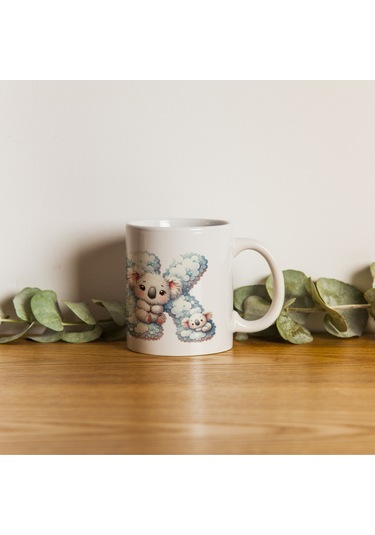 K Harfi Tasarım Bardak, Sevimli Hayvan Temalı Harf Bardağı Beyaz