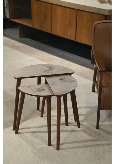 Roma 3'lü Zigon Sehpa %100 Mdf Yarım Ay Buz Gri Mermer Desen