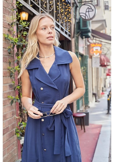 Kadın İpeksi Modal Likrasız Kumaş Anvelop Kruvaze Yakalı Cepli Bağcıklı Midi Boy Diz Altı Elbise-lacivert Lacivert