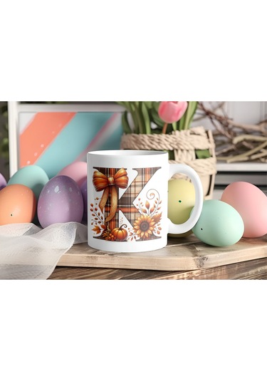 K Harfi Ekose Ve Sonbahar Temalı Kupa Bardak - Kişiye Özel Sıcak Tonlar Alfabe Kupa - Hediye Beyaz