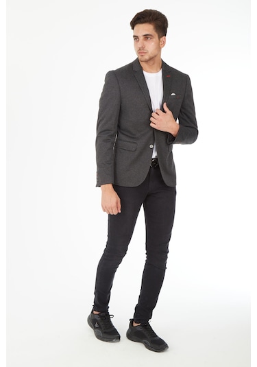 Sposo 5112  Dar Kalıp Örme Kumaş Siyah Erkek Blazer Ceket Siyah
