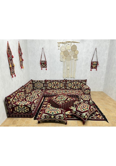 Coton Şark Köşesi Yörük Desenli Minder Takımı Bordo 18 Parça