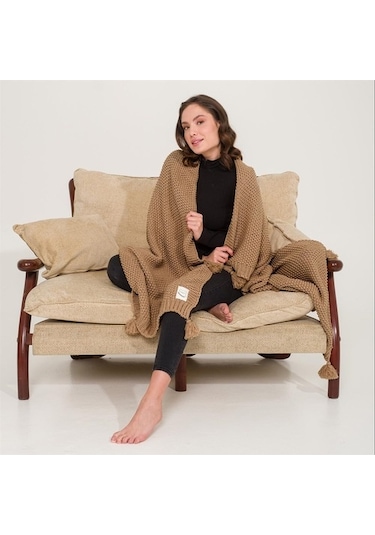 Coco Pirinç Örgü Ponponlu Triko Tv Battaniyesi Throw Koltuk Şalı (538861712)-130X170