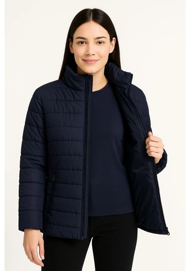 Kadın Bomber Mont Ceket - Su İtici Kumaş, Kapitone Astarlı, Fermuarlı, Kışlık - Lacivert Çok Renkli