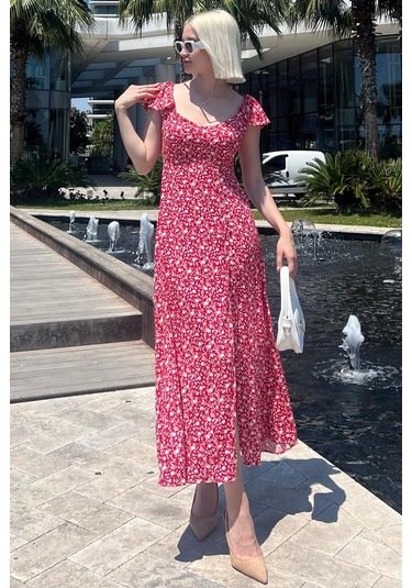 Madmext Kırmızı Desenli Yırtmaçlı Uzun Elbise Mg2004-kırmızı