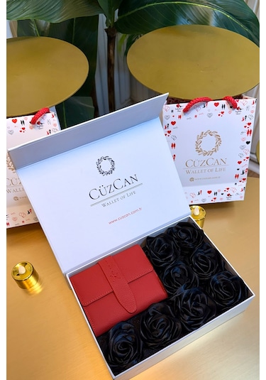 Premium Gift Rose Box - Lily Kırmızı Hakiki Deri Cüzdan Siyah Gül Kutusu Kırmızı
