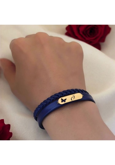 Archin Ö Harfine Özel Lacivert Derili Kelebek Motifli 14 Ayar Altın Plakalı Hediye Bileklik-616harf Ö