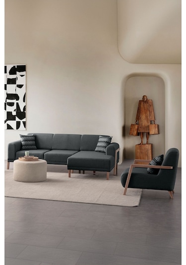 Latte Sırt Mekanizmalı Köşe Koltuk Takımı + Berjer Antrasit