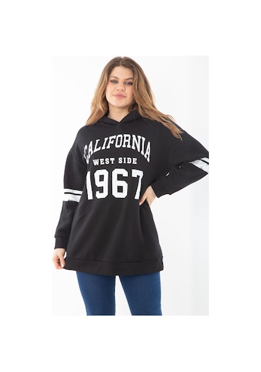 Kadın Büyük Beden Haki İçi Şardonlu Üç İplik Kapşonlu Sweatshirt 65n37290-siyah Siyah