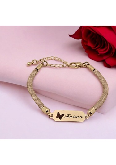 Archin Fatma İsmine Özel Hasır Kordonlu Kelebek Motifli 14 Ayar Altın Plakalı Hediye Bileklik-647isim Fatma