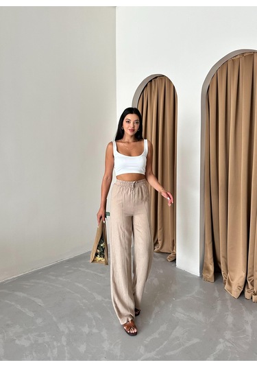Vizon %100 Keten Palazzo Pantolon Vizon
