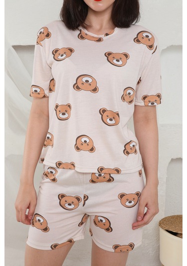 Fames Pijama Yazlık Desenli Loose Crop Şortlu Pijama Takım Krem