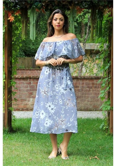 Neşeli Butik Kadın Gri Bağlama Detaylı Madonna Yaka Şifon Elbise Nb100371 Gri