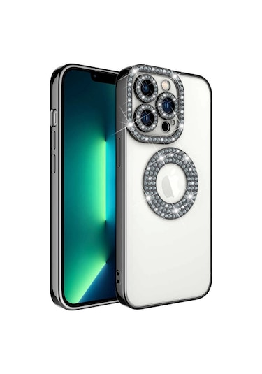 iPhone Uyumlu 13 Pro Kılıf Kamera Korumalı Taş Süslemeli Arkası Şeffaf Redclick Asya Kapak - Siyah