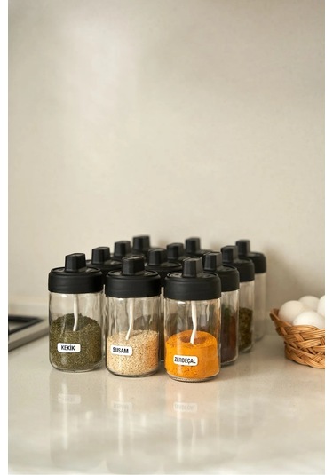 12 Parça Bianco 12'li Kendinden Kaşıklı Kilitli Kapaklı Baharat Takımı Cam ŞEffaf