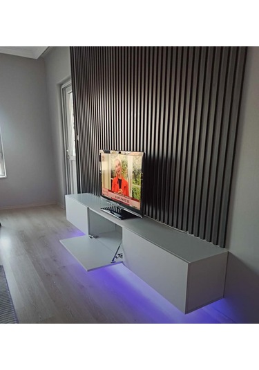 Mac Dizayn Knidos Tv Ünitesi 240 Cm 3 Kapaklı, Mat Beyaz, Led Aydınlatmalı Mat Beyaz