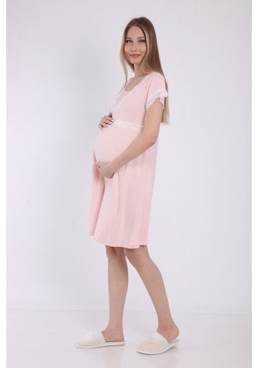 Luvmabelly Myra9680 Önden Bölmeli Dantelli Hamile Geceliği -pembe-pembe