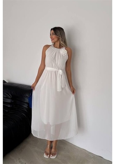 Kadın Astarlı Sıfır Kol Şifon Elbise Dpnbk2144 Beyaz