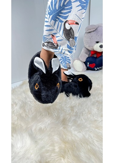 Kadın Panduf Tavşan Figürlü Peluş Ev Botu Desenli Düz Taban Rahat Hafif 359 Siyah