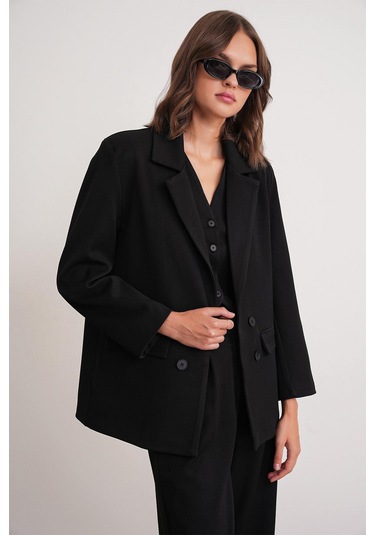 4745 Kadın Oversize Blazer Ceket Siyah Siyah