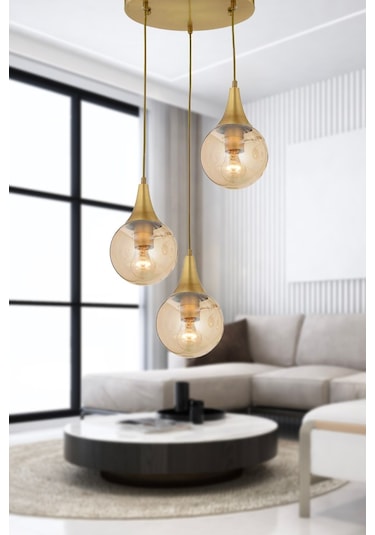 Apliqa Damla 3'lü Yuvarlak Bal Camlı Eskitme Modern Sarkıt Avize