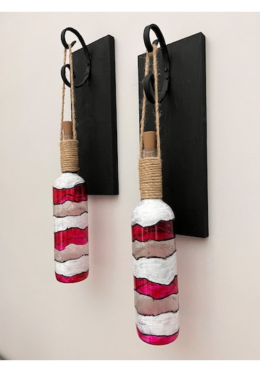 Ahşap Kırmızı Renkli Vitray Cam Şarap Şişesi Duvar Aplik 2'li Kırmızı