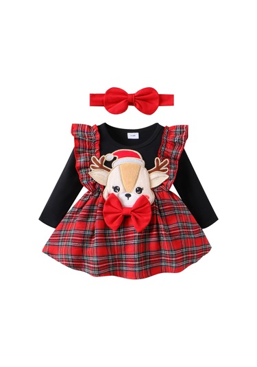 Noel Yenidoğan Bebek Bebek Kız Giysileri Setleri Örgü Romper Ekose Geyik Etekler Kafa Bandı Noel Kostümleri Kıyafetler Kırmızı