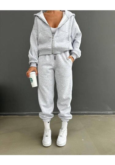 Düz Basic Hırka Eşofman Altı Jogger Alt Üst Takım - Gri Fermuarlı Oversize Kapüşonlu Gri