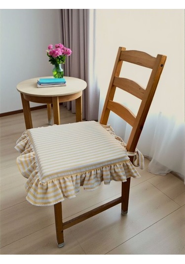 Sarı Çizgili Buldan Yıkanmıs Keten 4 Tarafı Fırfırlı Sandalye Minderi Renkli
