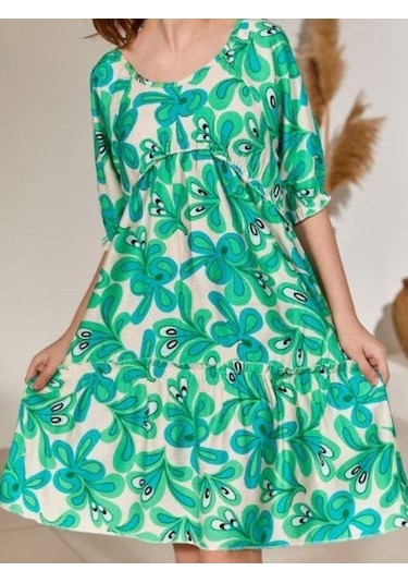 Kız Çocuk Belden Lastikli Desenli Şık Yazlık Elbise-12078-renkli Çok Renkli