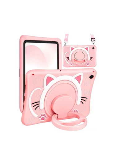 Fastbuy Samsung Galaxy Tab A9 Plus Uyumlu Pembe Silikon Yumuşak Kapak Döner Ayaklı Askılı Tellili Kılıf