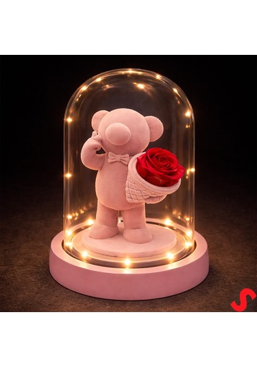 Solmayan Güllü Ayıcıklı Led Işıklı Cam Fanus - Pembe
