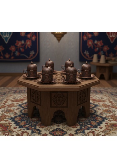 Semazen 6 Kişilik Porselenli Kapaklı Bakır Renkli 24 Parça Fincan Seti Bakır