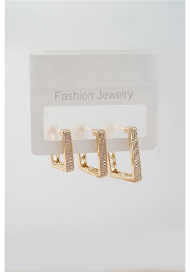 Kadın Vip Seri Zirkon Taşlı 3 Boy 3'lü Küpe Seti-5434 Altın