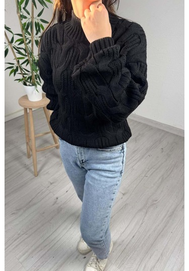 Explode - Kadın Siyah Yarım Boğazlı Örgülü Oversize Triko Kazak Siyah