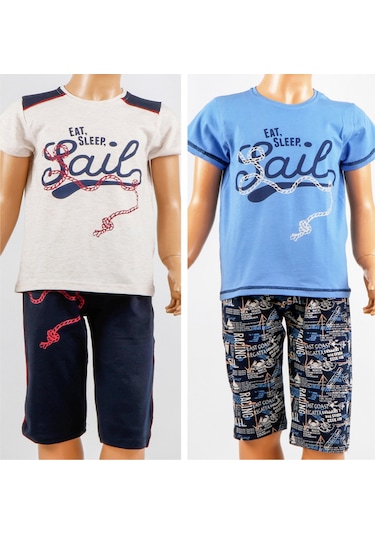 Erkek Çocuk 2'li Kapri Bermuda Kısa Kollu Likralı Pijama Takımı Çok Renkli