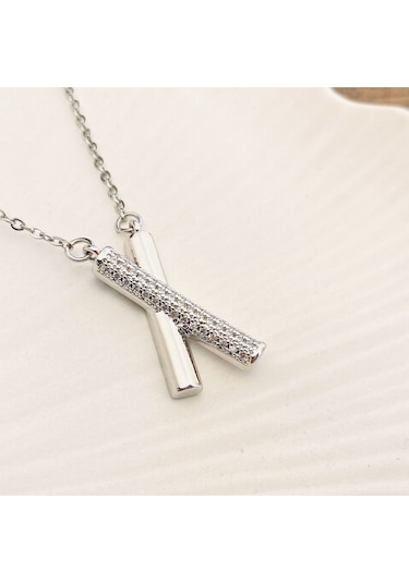 X Kolye Kadın Kolye Full Zirkon Taşlı Kolye 45cm Silver