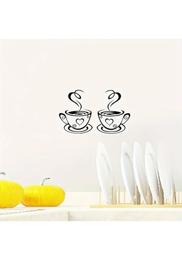 Kangvka "kahve Fincanı Desenli, Suya Ve Isıya Dayanıklı, Otomatik Yapışkan Duvar Sticker - Ev Dekoru İçin Charm Katın" Siyah
