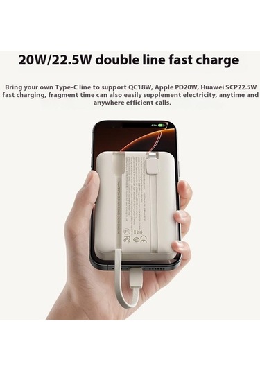 Tongxida Rock P95 10000mah Bej Güç Bankası, Dahili Çift Kablo, Pd 22.5w Hızlı Şarj, Taşınabilir Telefon Şarj Cihazı Bej