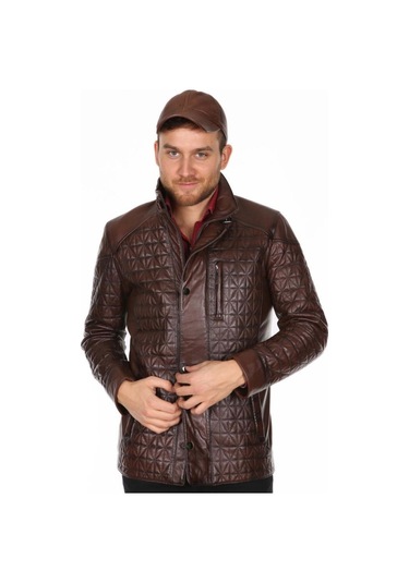 Hakiki Deri Kahverengi Neymar Işlemeli Erkek Deri Ceket Kahve